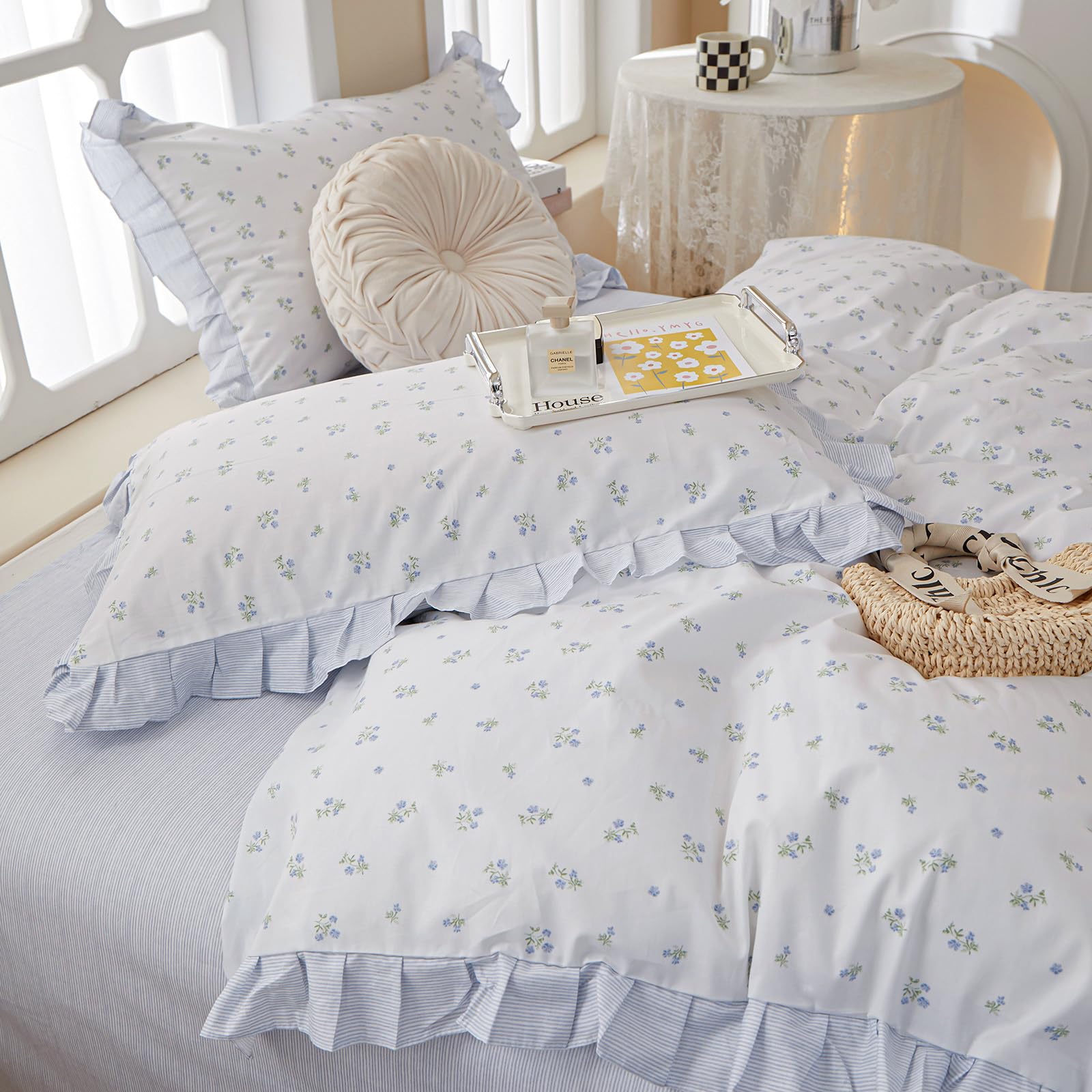 AMZTOP Chic Blue Ruffle Floral 100% Cotton Duvet Cover Queen Size Set, 3Pcs Teen Girls Flower Comforter Cover with Zipper Closure, Princess Bedding Sets 90