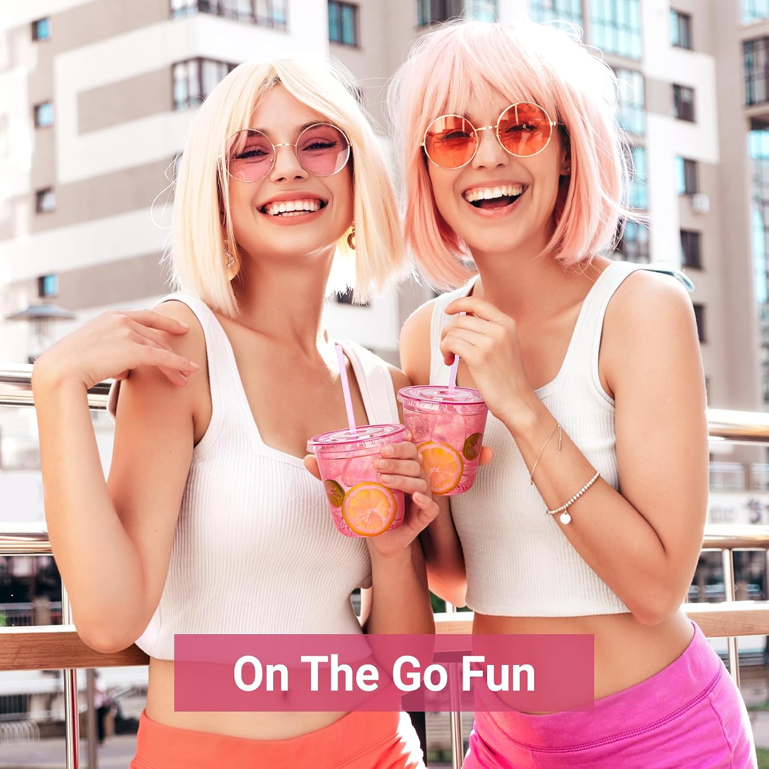 Soelomu 12 oz Pink Plastic Cups with Lids and Straws, 50 PCS Disposable Iced Coffee Cups, Round Bottom To Go Cup for Smoothie, Juice, Milkshakes and Cold Drinks