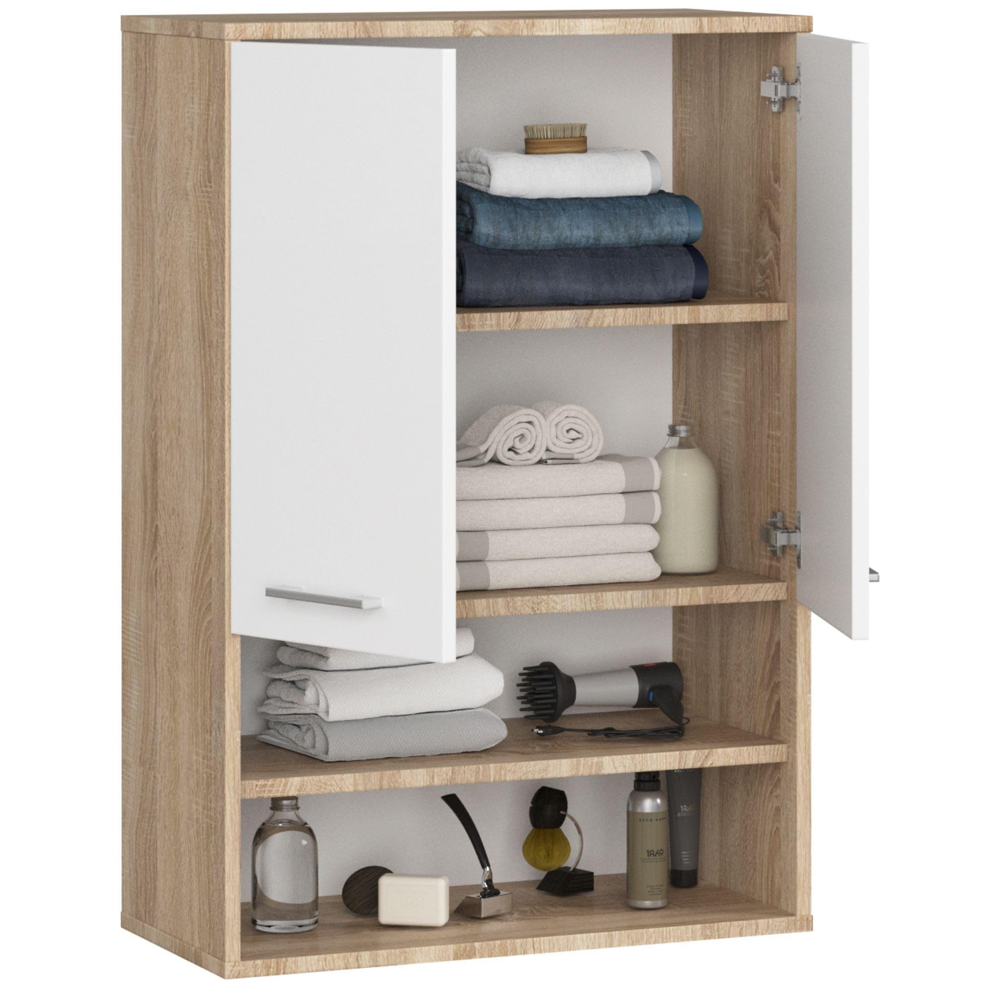 AKORD Mobiletto Bagno Sospeso FIN 64 cm - 2 Ante Basculanti 4 Ripiani - Pensile Salvaspazio da Parete - Laminato Opaco - Mobile Modulare - 64x94x30 cm - per Spazi Ristretti - Rovere Sonoma & Bianco