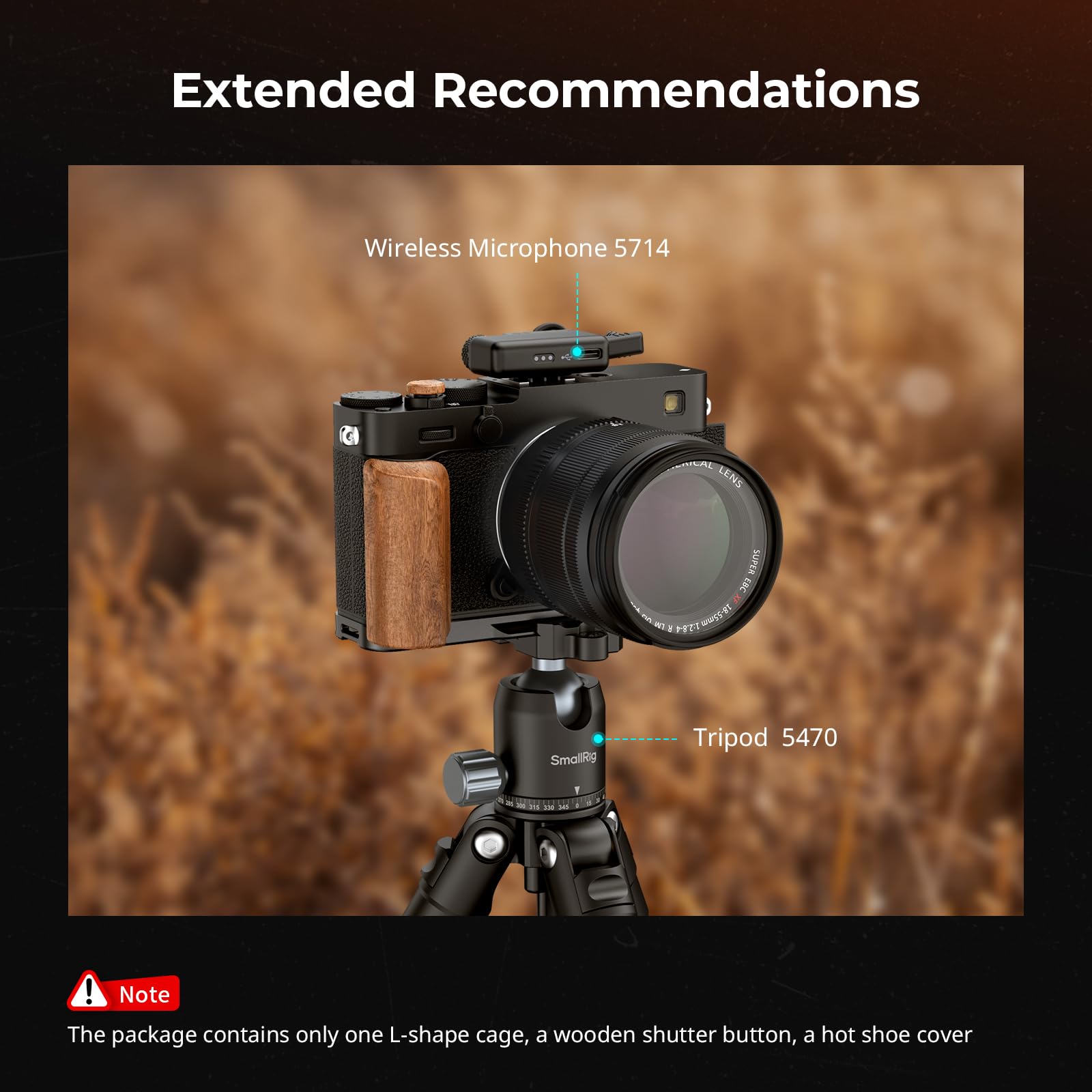SMALLRIG Płyta montażowa w kształcie litery L z drewnianym uchwytem do FUJIFILM X-E5 (czarna) 5985