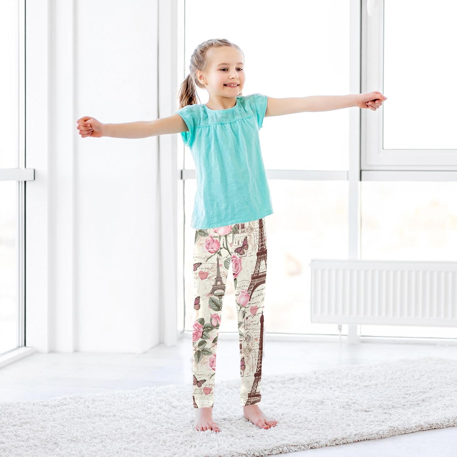 Girls Printed Yoga Pants Retro Pink Rose