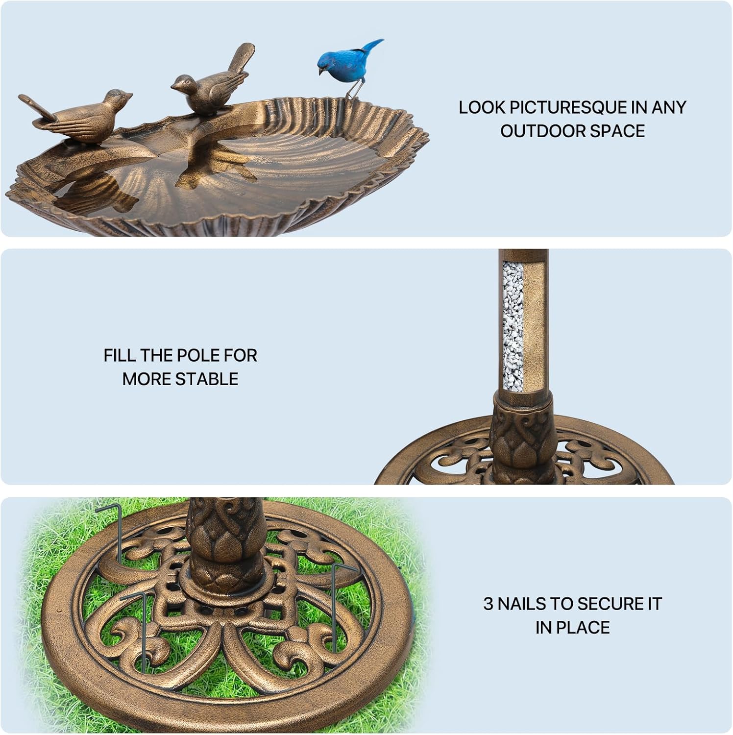 MoNiBloom 28" Pedestal Bird Bath, Outdoor Water Fountains Tall Bird Bath with Solar Pump and Decoration Pedestal Base Stand for Lawn Patio or Garden, Bronze