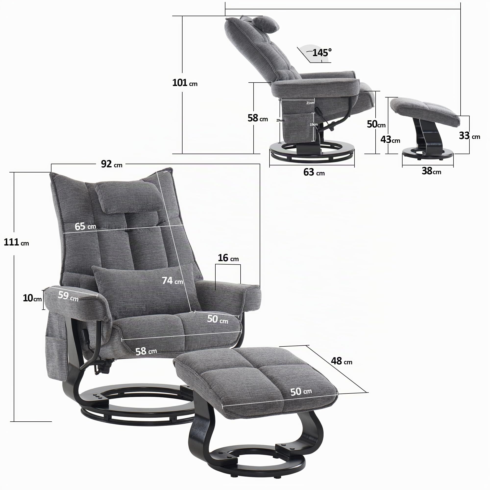 M MCombo Relaxsessel mit Hocker, Drehbare Fernsehsessel mit Liegefunktion, Moderner TV-Sessel Stuhl für Wohnzimmer, mit Kissen & Seitentasche, Stoff, 9076 (Grau)