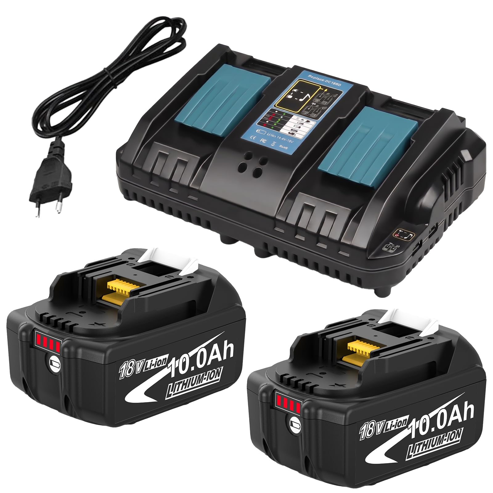 2 Batteries 18V 10Ah pour Makita LXT + Chargeur Rapide Double DC18RD