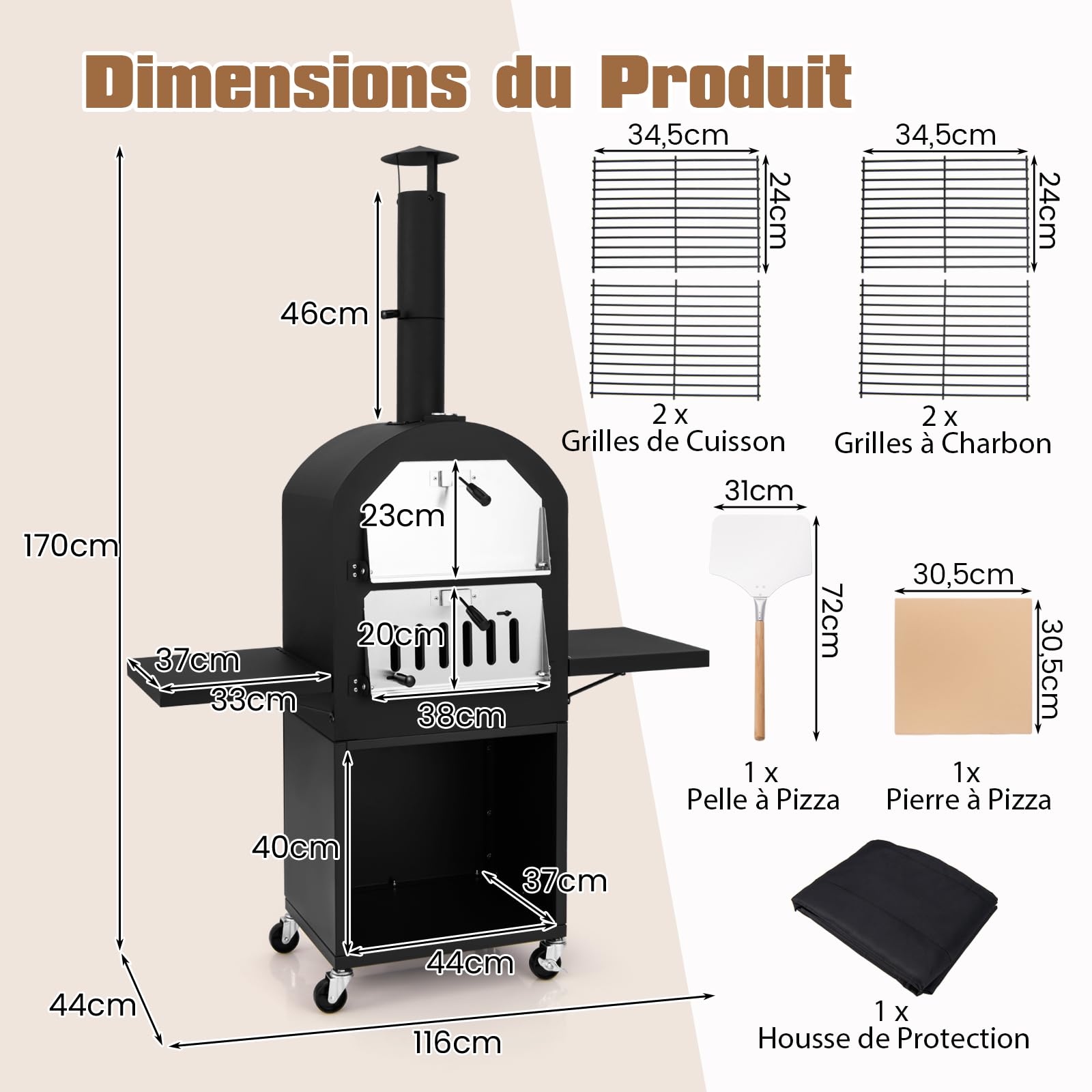GYMAX Four à Pizza d'Extérieur à Bois ou à Pellet, Pierre 30 cm, Thermomètre, Pelle, 2 Grilles, Mobile