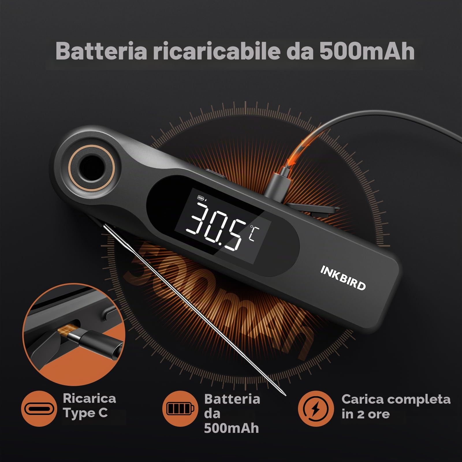 INKBIRD Termometro Alimentare a Lettura Istantanea a Doppio Display,Due Schermi,Risposta Super Rapida 0,5 Sec,Impermeabile IP65 Corpo Intero,Ideale per Cucina, Grigliate,Forno,Preparazione Bevande