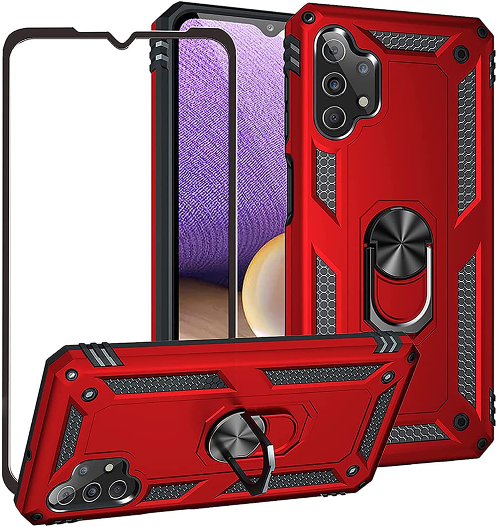 for Galaxy A32 5G Case with HD Screen Protector,Military Grade Heavy Duty Armor Protection Phone Case with Metal Ring Kickstand for Samsung Galaxy A32 5G (Red)