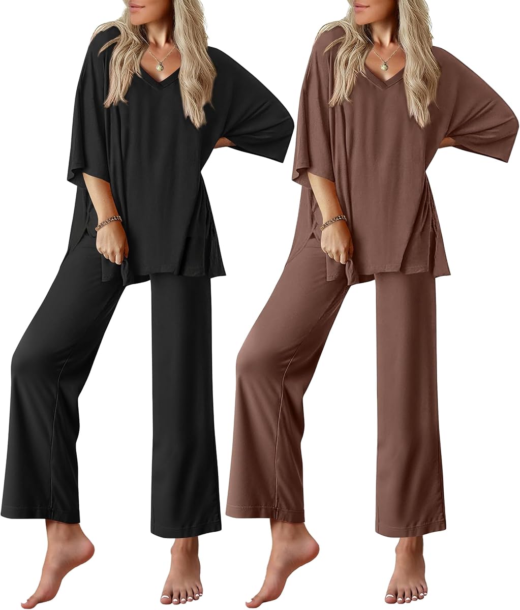 Ekouaer 2 Packs Lounge Set for Women Short Sleeve Pajamas Top and Long Pant
