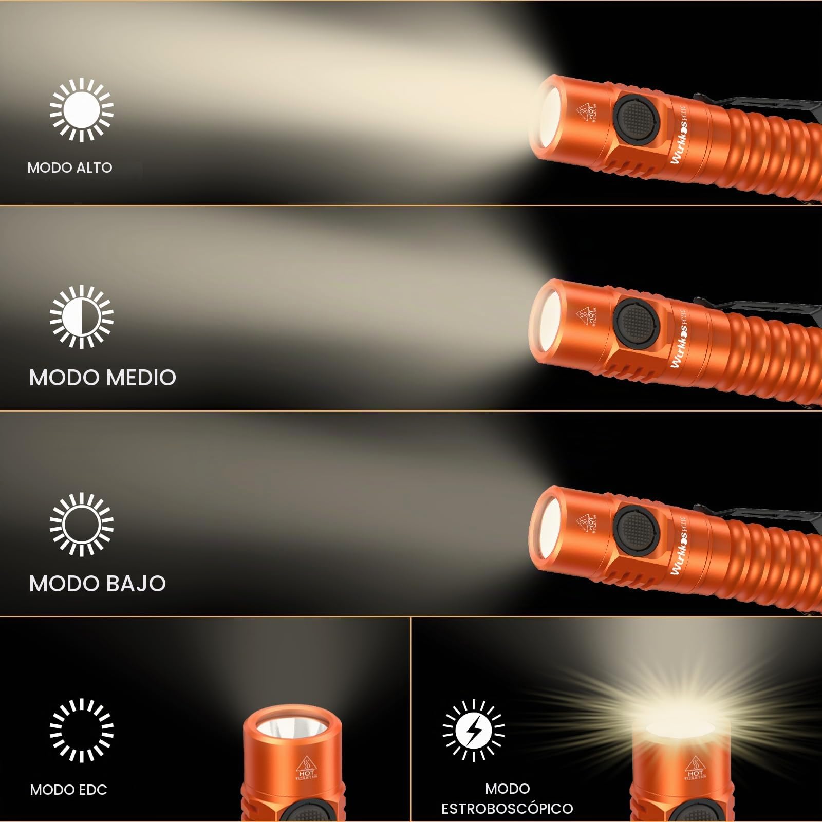 Wurkkos FC11C Linterna LED, 1300 Lumen Recargable USB 90CRI, Linterna con Imán en la Parte Inferior de la Luz, Linterna LED Recargable de Alta Potencia (Naranja 5000K)