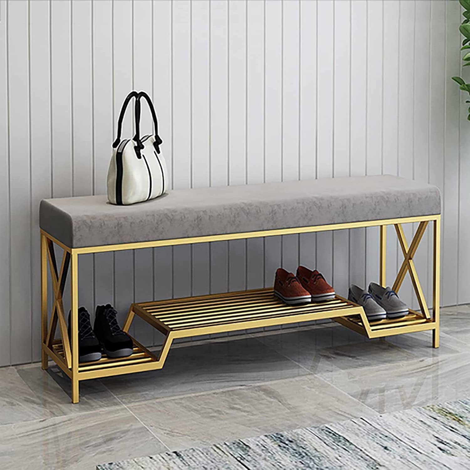 LWJSOCP Modern Velvet Shoe Bench with Storage - Stylish Entryway nizer & Shoe Rack 47x14x18in (120x35x45cm) Perfect for Home Entryway Décor