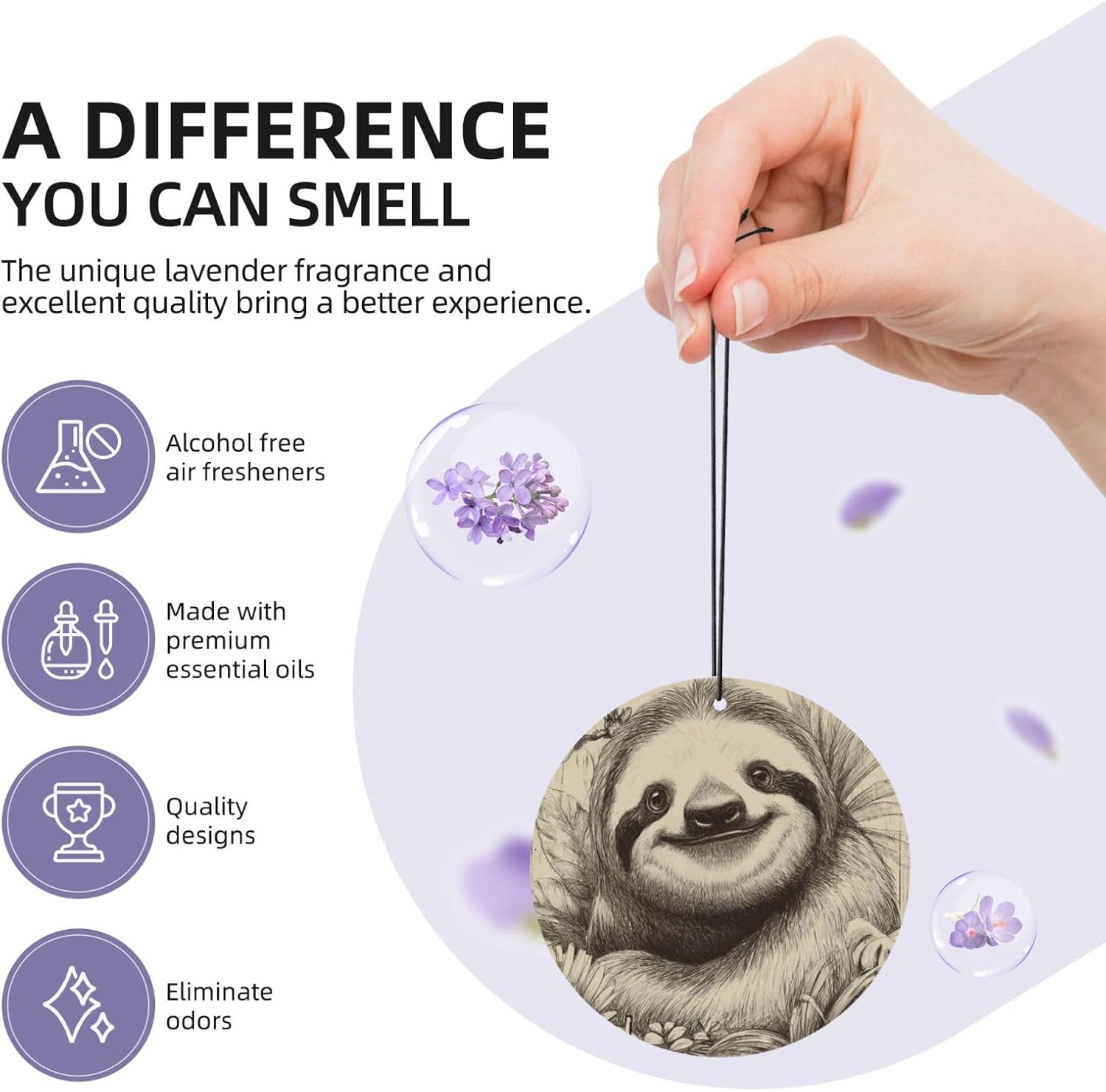 Car Air Freshener 100 PCS Sloth My Spirit Animal Hanging Car Air Fresheners Auto Interior Decor Card Freshener Strong Scented Card Lavender Cars Scents for Office Bedroom Close Drawer Round Shape