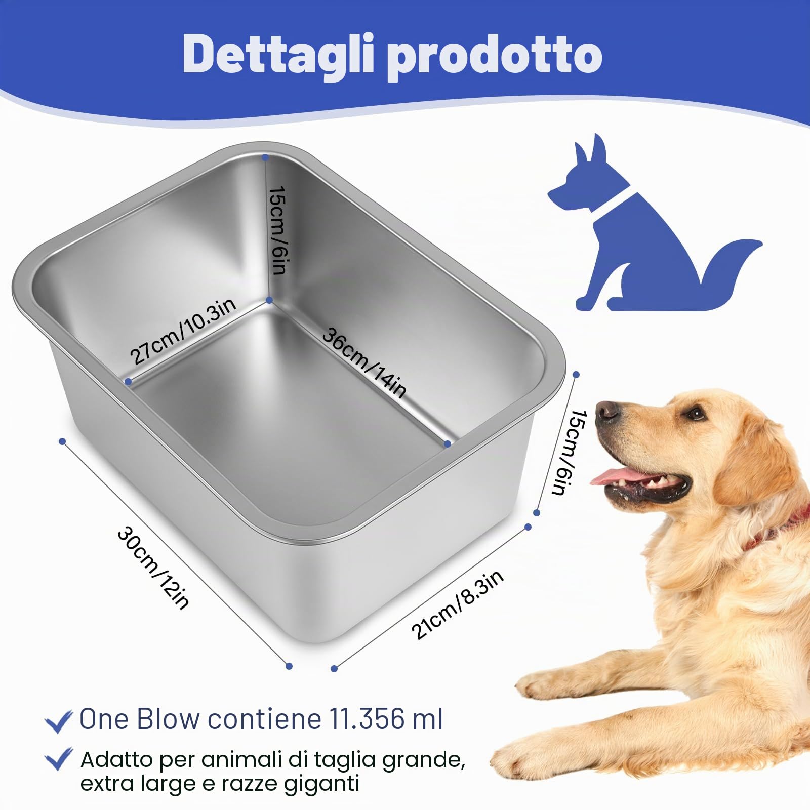 Ciotola d'Acqua per Cani 11,4 L/401 Oz - In Acciaio Inox per Razze Medie e Grandi, Durevole, Anti-Caduta e Facile da Pulire, 36 × 27 × 15 cm