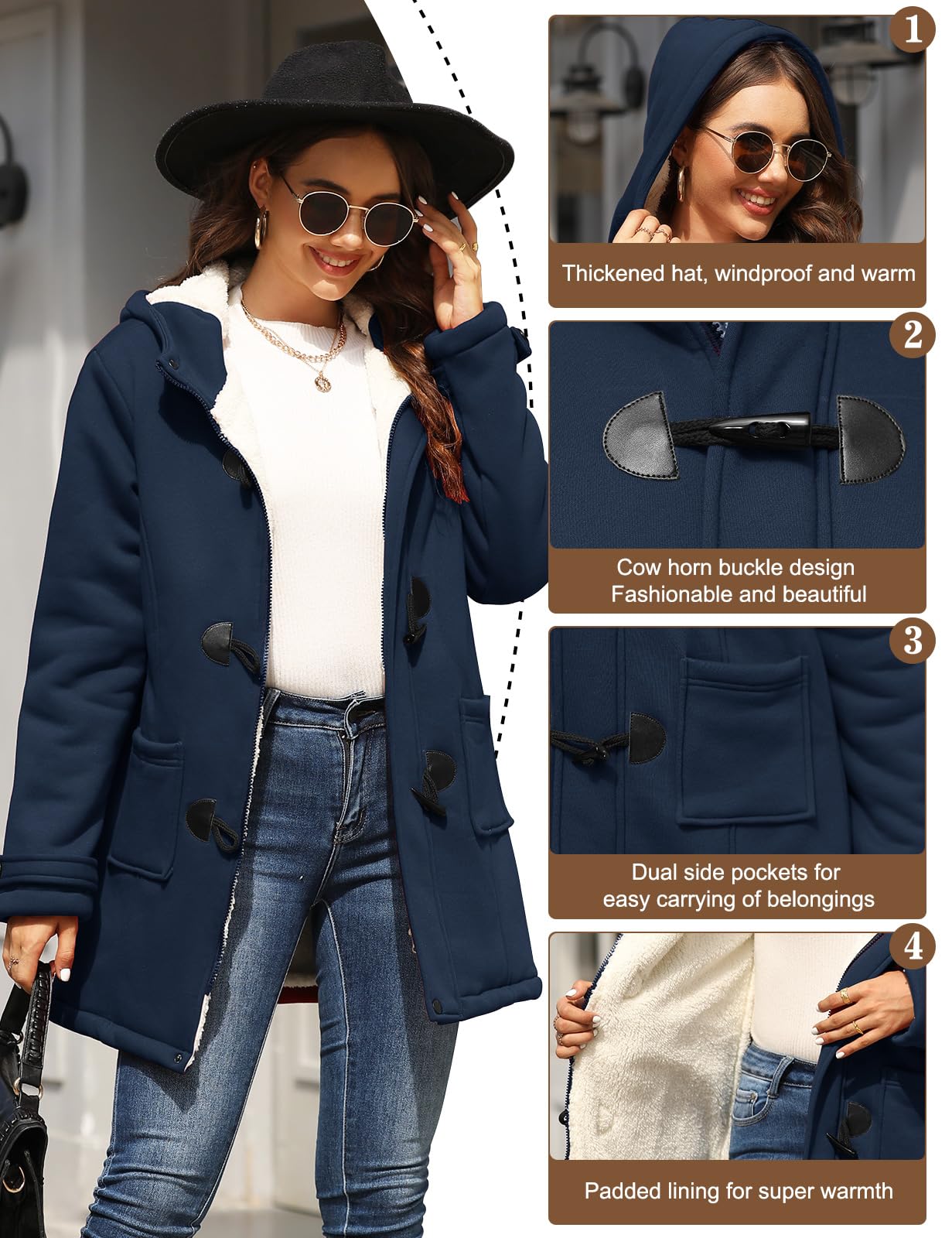 Yuson Girl Abrigos Mujer Invierno Chaqueta con Horn Botones Espesar Hoodie Abrigo Elegantes Sudaderas Mujer con Capucha Casual Jacket Cardigans Tops Cremallera Outwear con Bolsillos