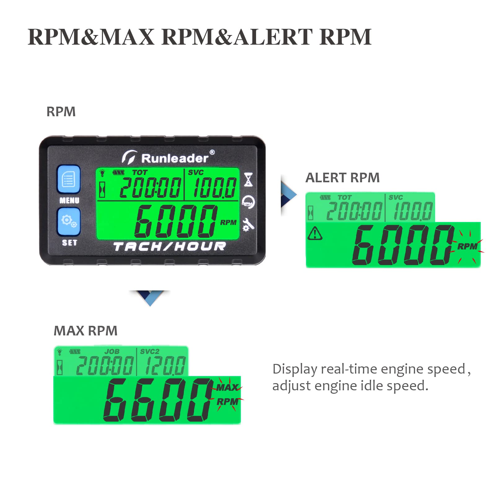 Tacómetro Digital/Medidor de Horas/Tacómetro con Retroiluminación Batería Reemplazable Alerta RPM Recordatorio de Mantenimiento Impermeable para Generador Cortacésped Motocicleta