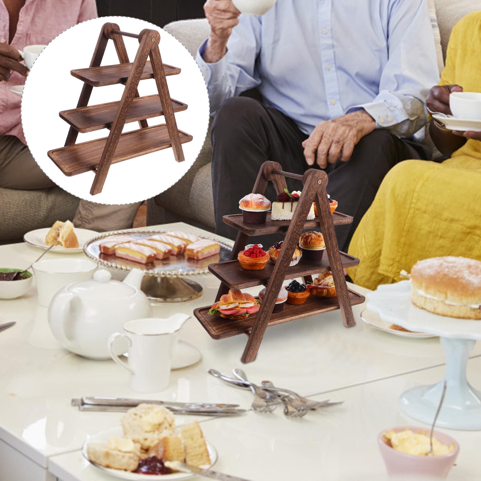 Estante de almacenamiento de alimentos de madera de 3 niveles, plato multicapa con bandeja para guarniciones y exhibición de alimentos frescos, ideal para nización de cocina y ahorro de espacio