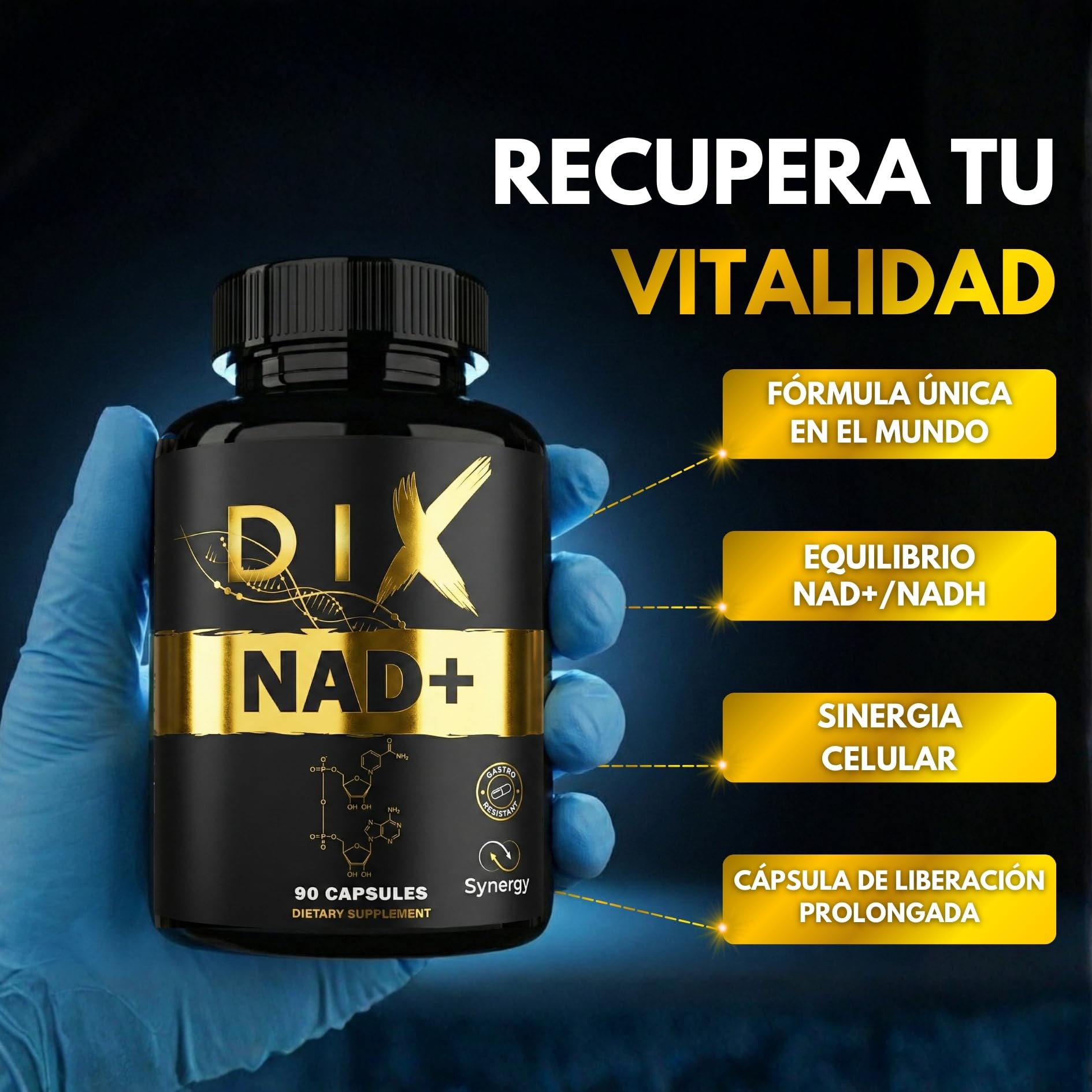 NAD+ ✗ NR + NADH + Vitamina B3 ✗ Cloruro de Nicotinamida Ribósido ✗ Antienvejecimiento ✗ Energía ✗ Acción sinérgica rápida y prolongada ✗ Cápsula vegetal y gastroresistente ✗ Fabricado en Francia
