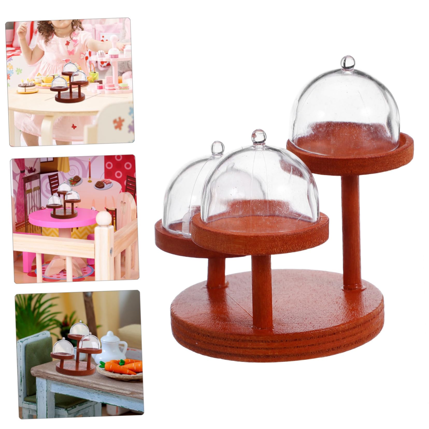 Kisangel 2 Impostati Miniature Stand da Dolci in Legno per Casa delle Bambole Vassoio Piani con Copertura in Plastica Espositore Multistrato