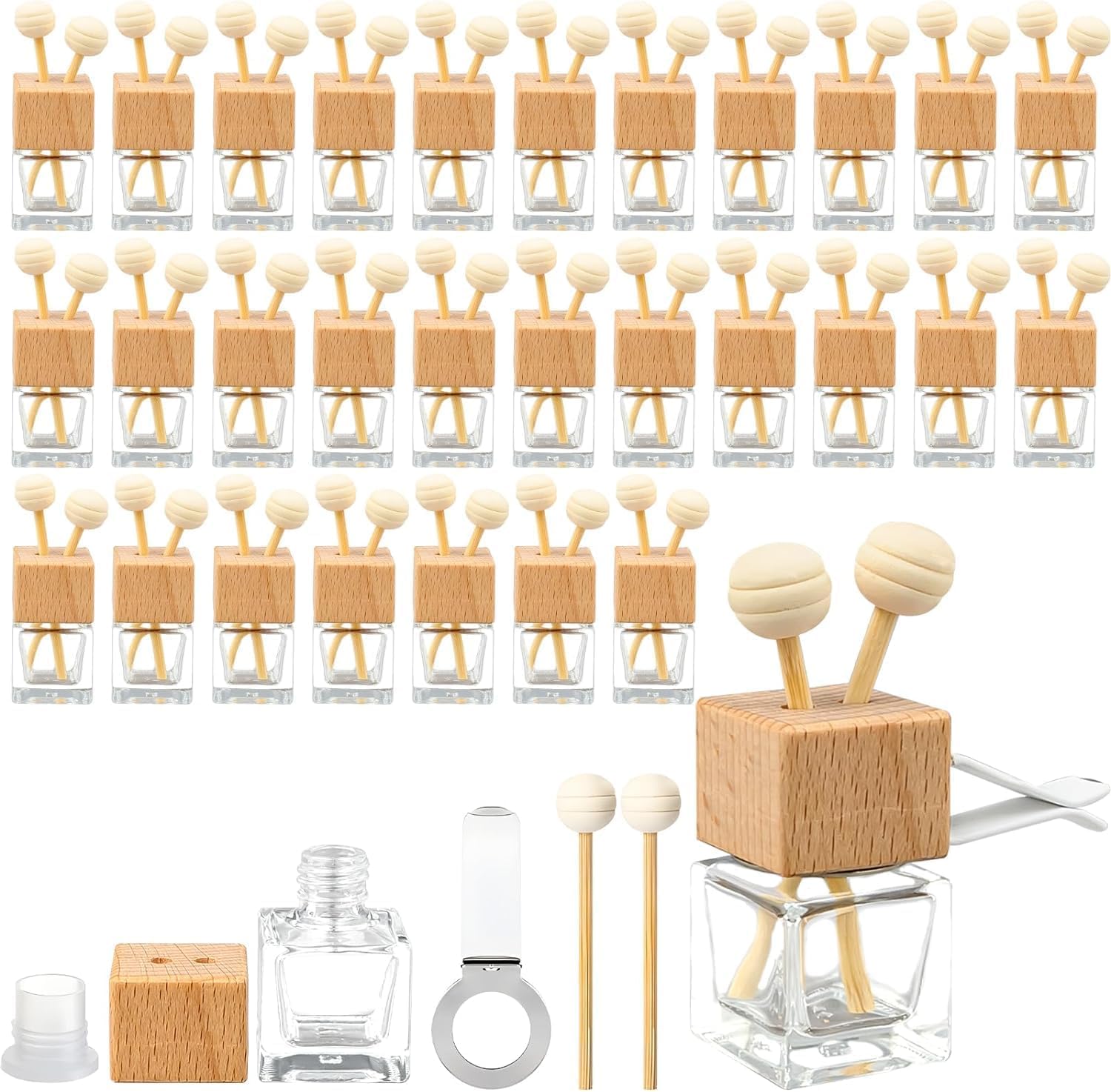 Paquete de 30 ambientadores para coche, 8 ml, transparentes, vacíos, difusor de aceites esenciales, difusor de perfume para coche, botella de cristal con clip de ventilación, tapas de madera