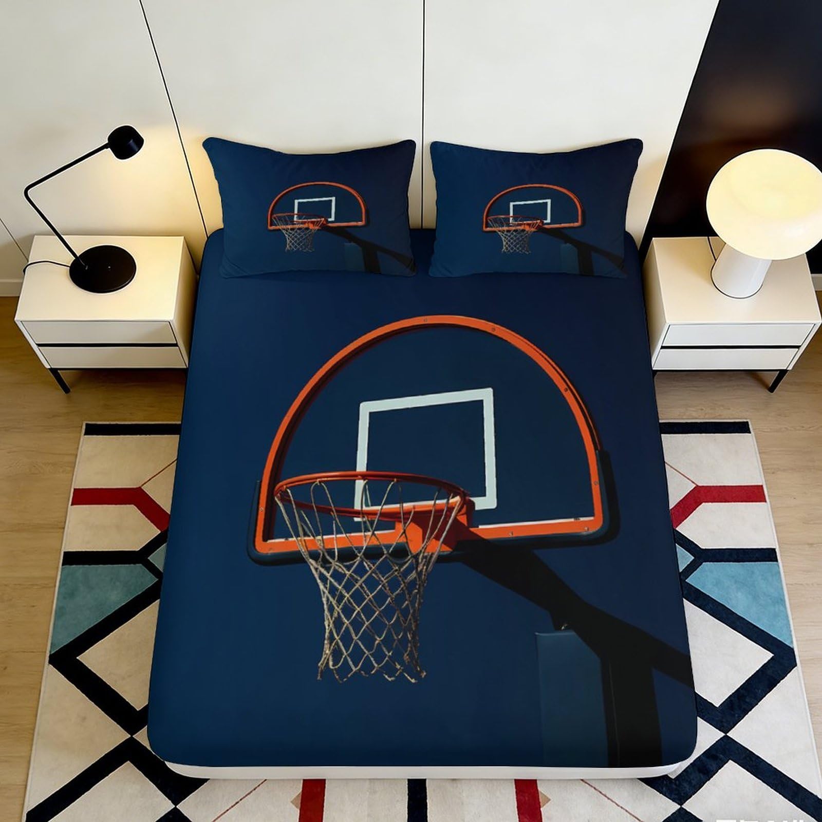 3D Printed Basketball Hoop Fitted Sheet Microfiber Deep Blue Mattress Cover Anti-Slip for Bedroom Dorm Home Decor Easy Care 90x200x25cm