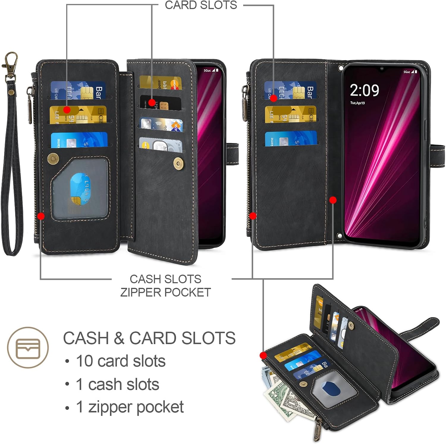 Asuwish Phone Case for T-Mobile Revvl 6/6X 5G Wallet Cover and Screen Protector Flip Credit Card Holder Slot Cell Tmobile Revvl6 X Revvl6X T Mobile Revvl6X5G Revel Tmo Revell Rebel TCL Women Men Black