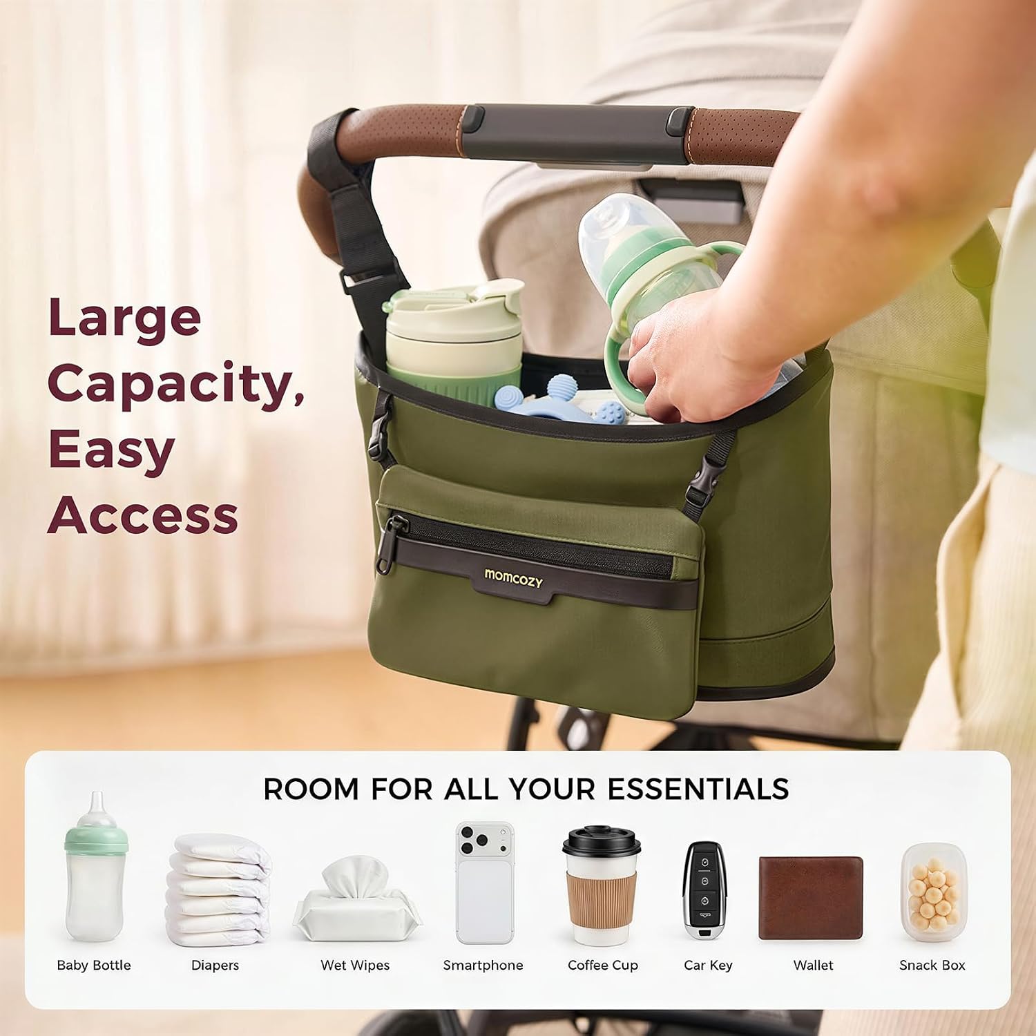 Momcozy Universal Stroller Organizer, Slim Stroller Caddy with 2 Insulated Cup Holders