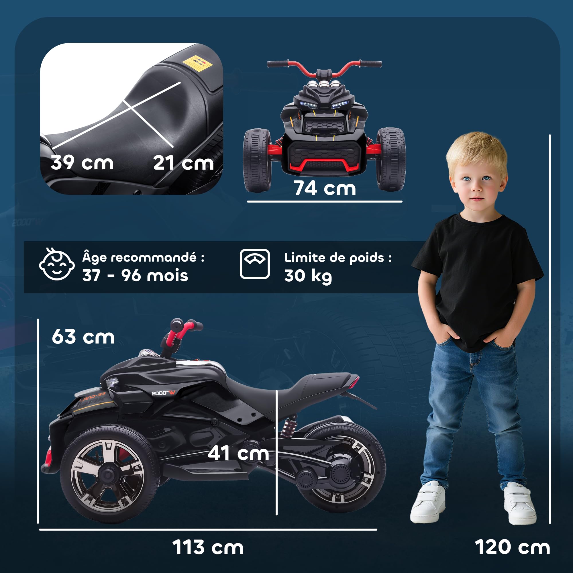 AIYAPLAY Quad électrique Enfants 12V, Design Tricycle inversé, Voiture électrique Enfants 2 Moteurs, Lecteur MP3, klaxon, 2 Vitesses, phares LED, Cadeau pour garçons et Filles âgés de 3 à 8 Ans, Noir