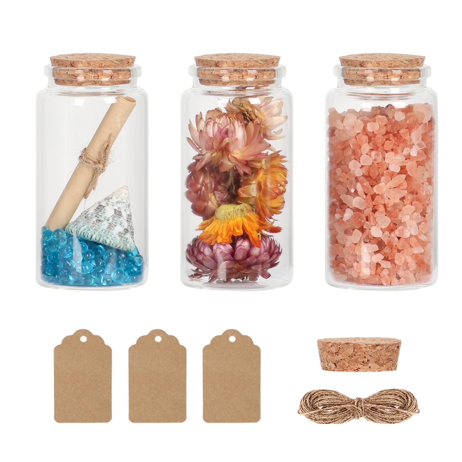 Miukada 120 ml Small Glass Jars with Cork Lids, 3 Pack Small Bottles With Twine & Extra Cork Stoppers & Tags, Mini Sand Jar, Seashell Jar, Glass Vials with Lids, Pill Jar,Spell Jar