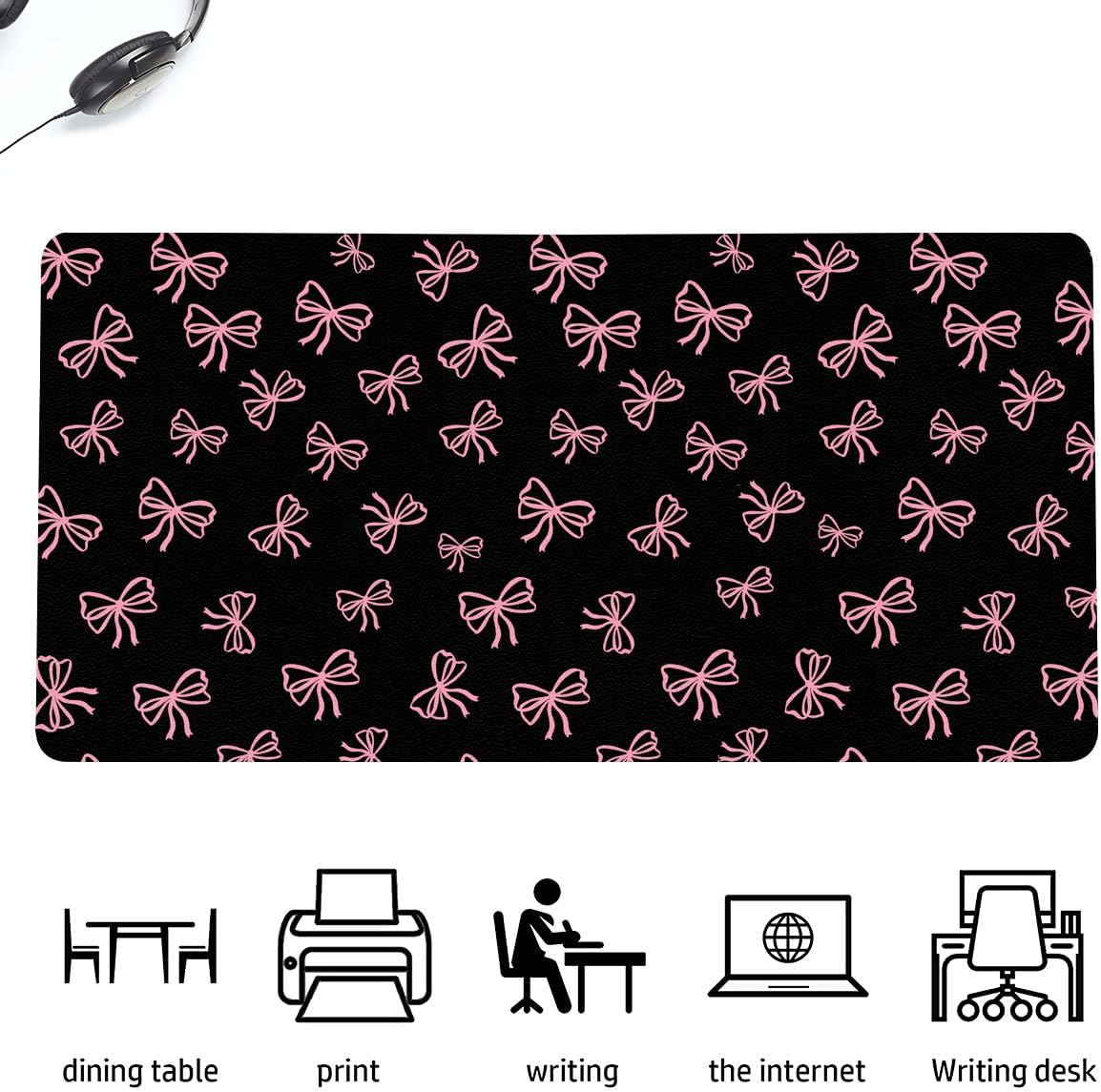 Cute Pink Bow Black Extended Gaming Keyboard Mouse Pad, Non-Slip Leather Home Office Desk Mat Protector, Laptop Desk Pad Writing Pad