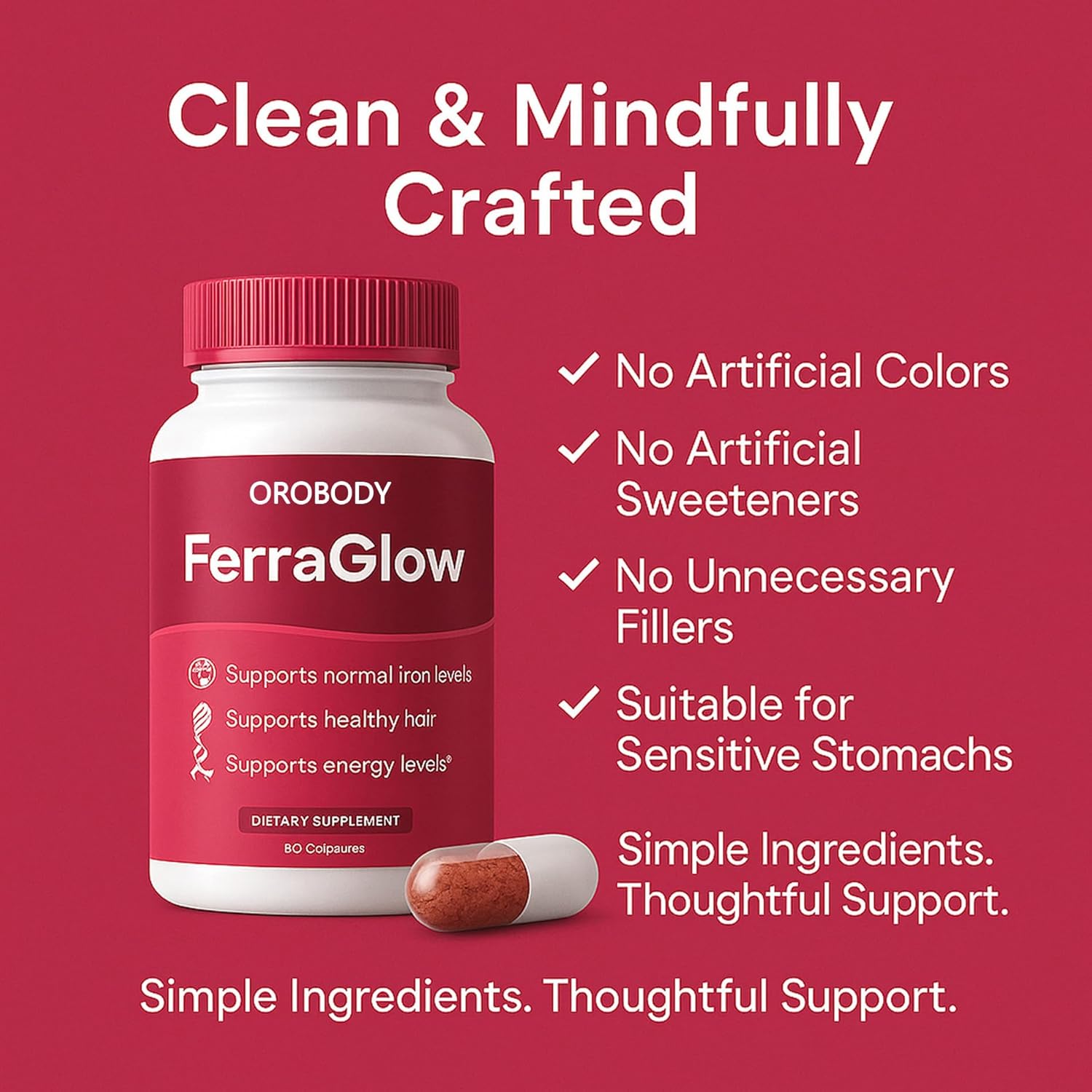 FerraGlow Iron Support Capsules with Iron Bisglycinate Lactoferrin Vitamin C B12 and Gentle Absorption Formula for Women Daily Wellness Hair Energy Support – 60 Count (1)
