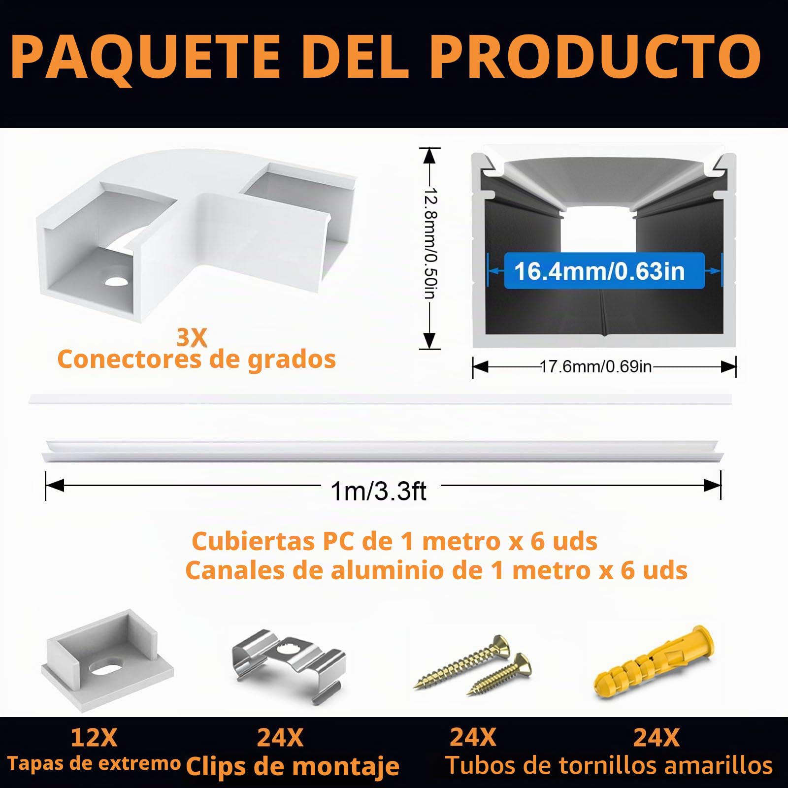 Paquete de 6 perfiles LED de aluminio para tiras de luces LED Philips Hue, etc., canal de aluminio LED en forma de U de 1 m, difusor LED con cubierta blanca lechosa, tapas de extremo y clips de