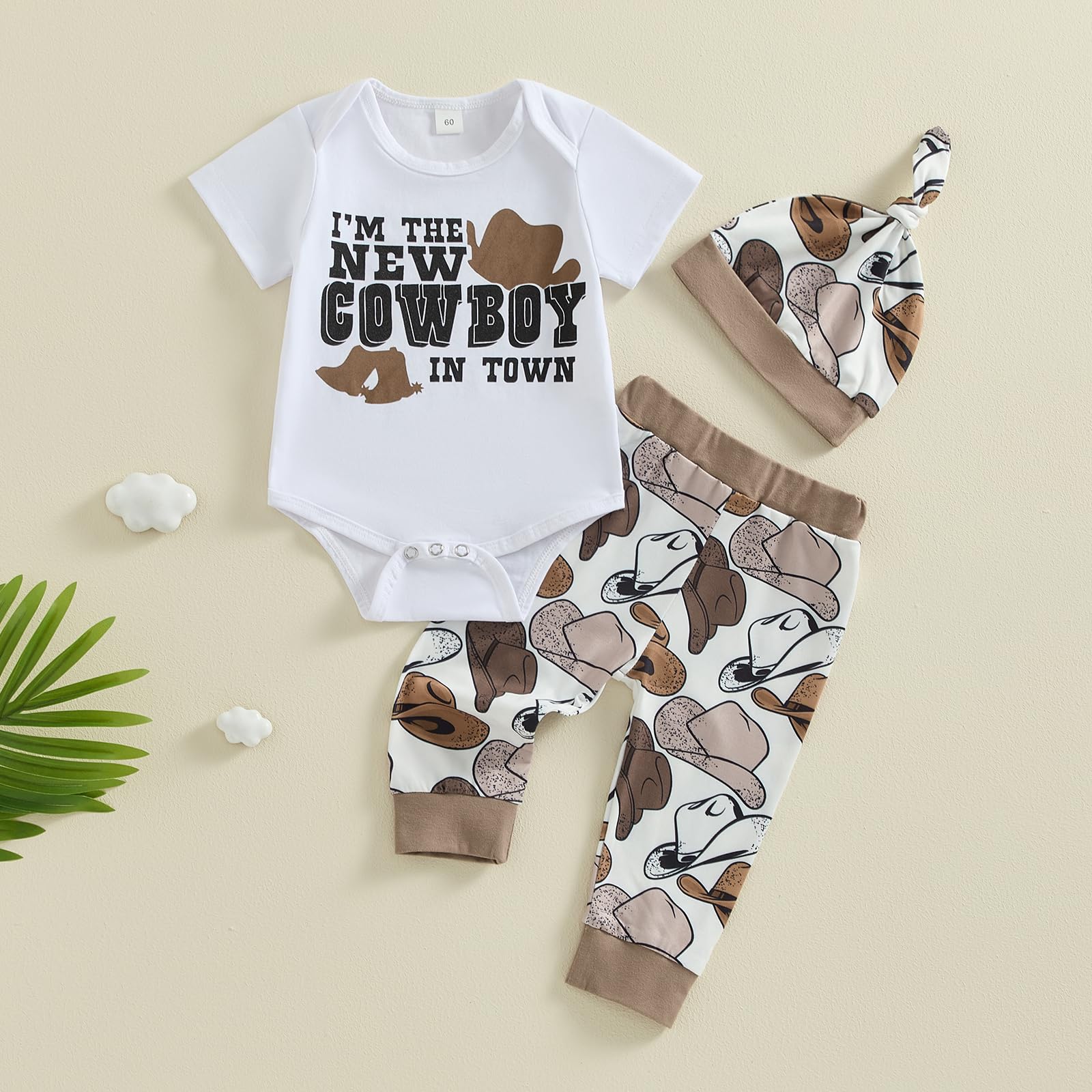 Kayotuas Western Baby Boy Clothes Newborn Cowboy Outfit Letter Romper Cowboy Boot Pants Hat 3 Piece Coming Home Clothing Set (White, 3-6 Months)