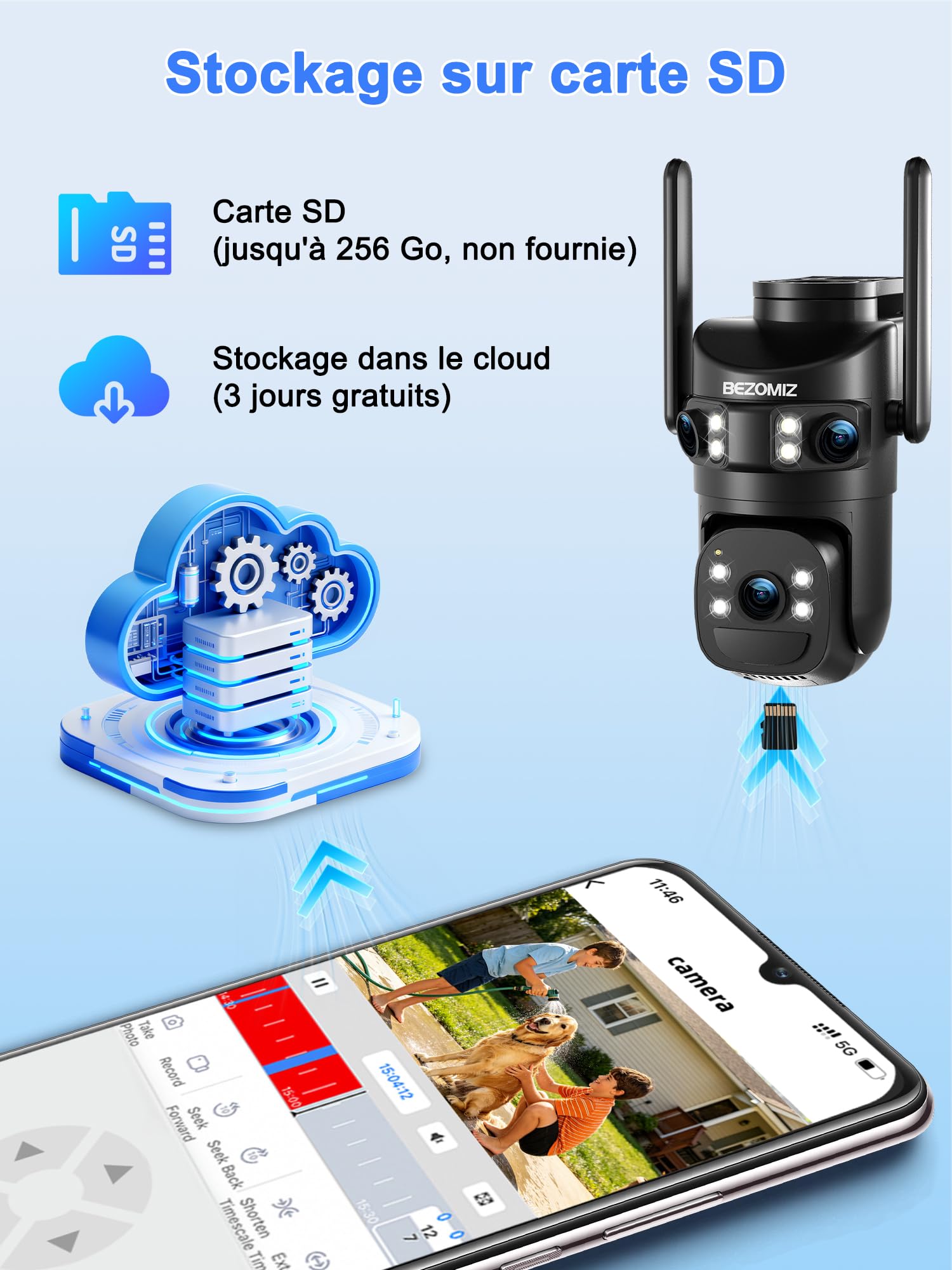 4K Caméra Surveillance WiFi Extérieure à triple objectif,2.4/5G WIFI,360° PTZ Camera Solaire,12MP Détection Humaine,avec Batterie,Suivi Automatique,Vision Nocturne Couleur,Étanche,Audio Bidirectionnel