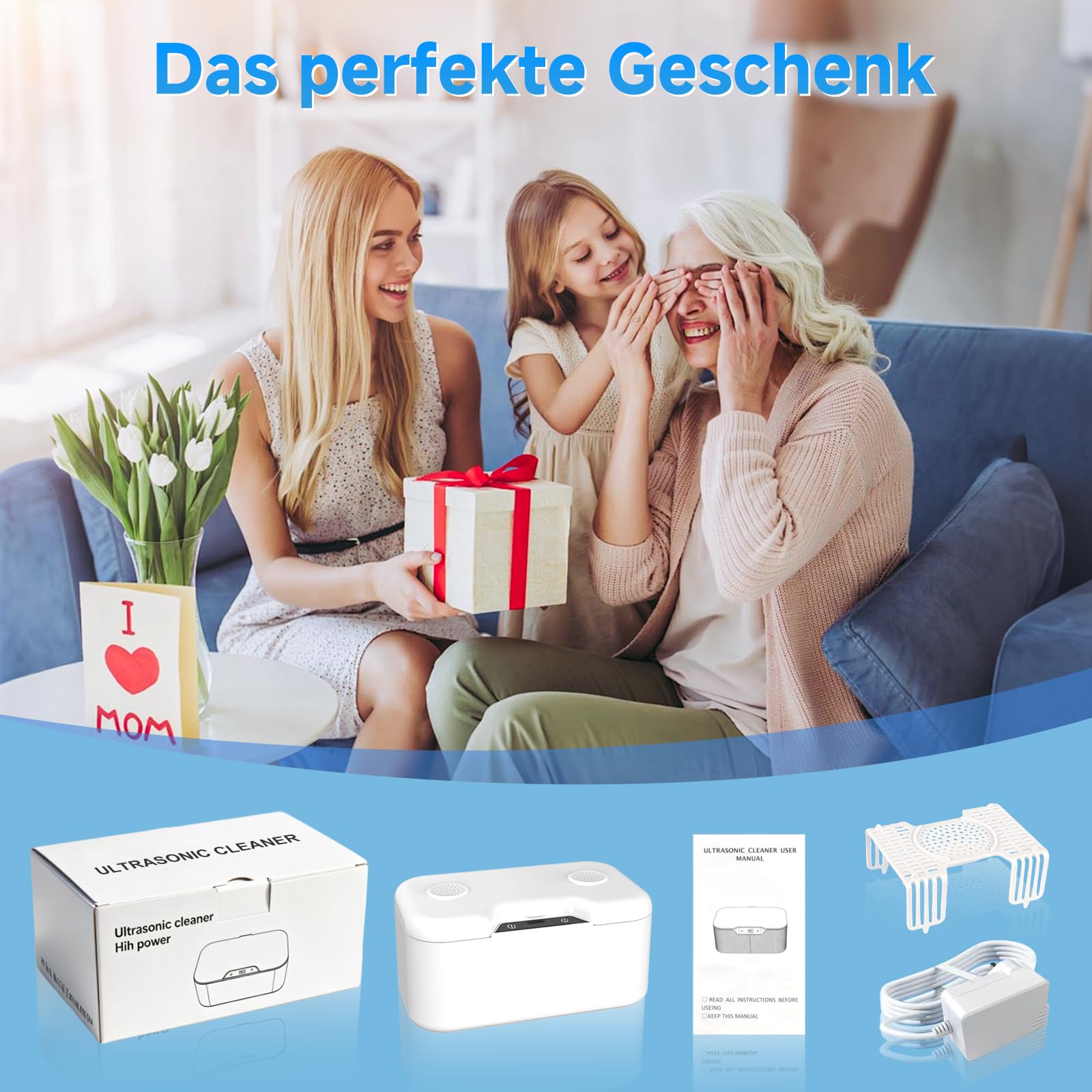 Ultraschallreinigungsgerät mit UV 500 ML, 45 kHz ultraschallreiniger 4 Timer-Modi, Ultrasonic Cleaner für Schmuck, Zahnersatz, Retainer, Aligner Zahnschiene und Prothesen