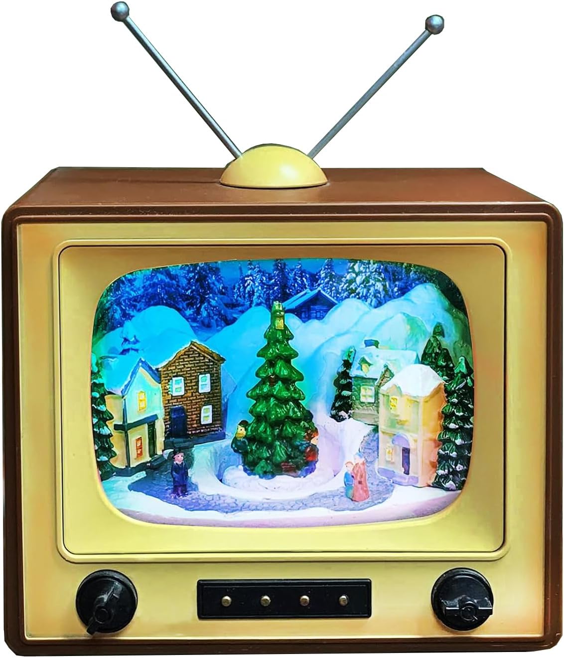 Moments in Time Animated Retro TV Christmas Village Scene 6โ Hand-Painted Lighted Tabletop Dรฉcor with LED Lights, Moving Tree 8 Classic Songs Battery Operated Holiday Display