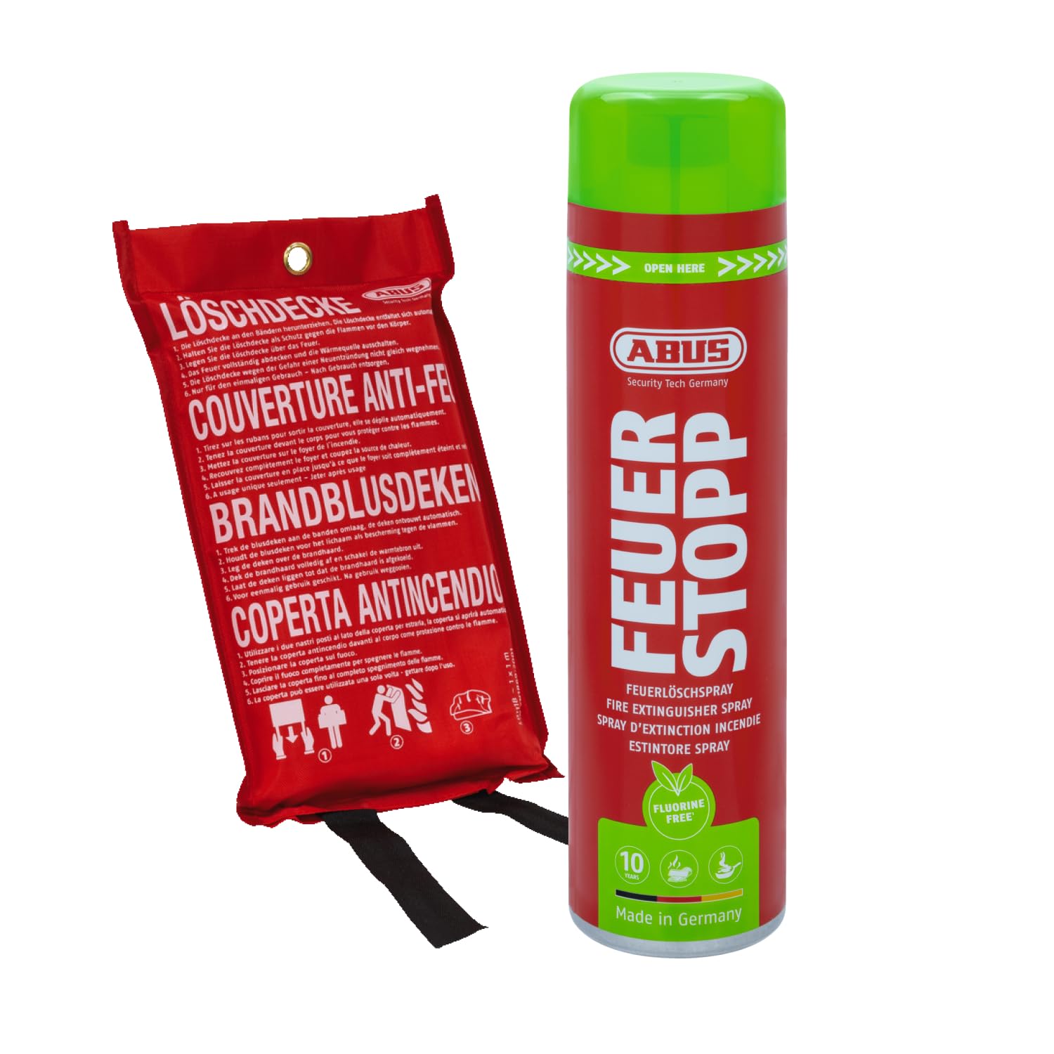 ABUS Feuerlöschspray Feuerstopp AFS625 fluorfrei + Löschdecke LD1118 - Set für Entstehungsbrände - handlicher Feuerlöscher und Löschdecke (100 x 100 cm) für Haushalt, Küche, Camper und Grill
