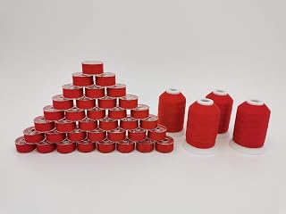 DOUBLELIN Sewing Thread Combo, 36pcs Size A, Style A, Class 15, 15J, SA156, Size 11.5 prewound Bobbin + 4 spools top Thread, 800 Red, 40S/2 34wt Spun Polyester (Size A, SA156, Class 15, 800 Red)