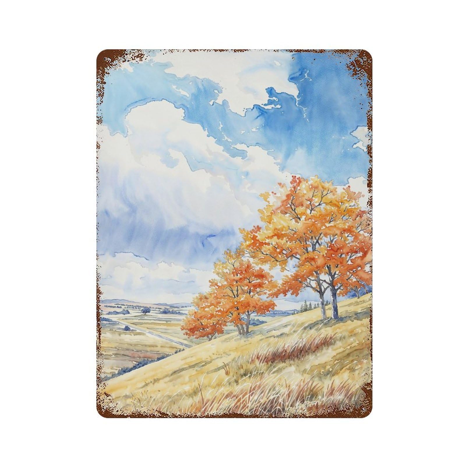 Fiery Autumn Hills Rust Effect Tin Sign 15.7"x11.8", Novelty Wall Decor for Garage, Pub Or Kitchen