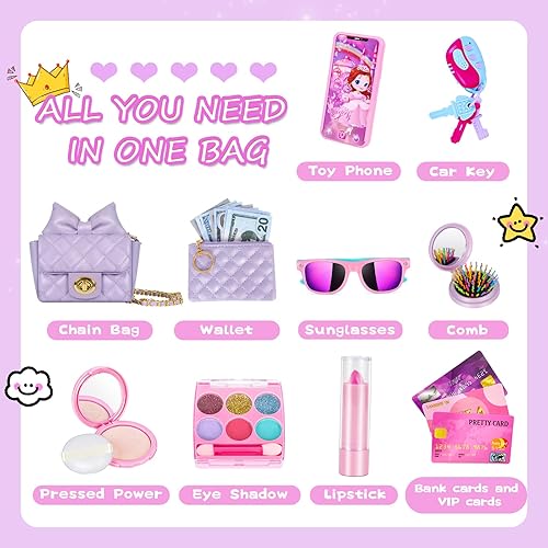 Miniatura 6 de KONP Bolso para niña con kit de maquillaje para niños, mi primer juego de bolso con bolsa de cadena y más juguetes de simulación, juguetes de