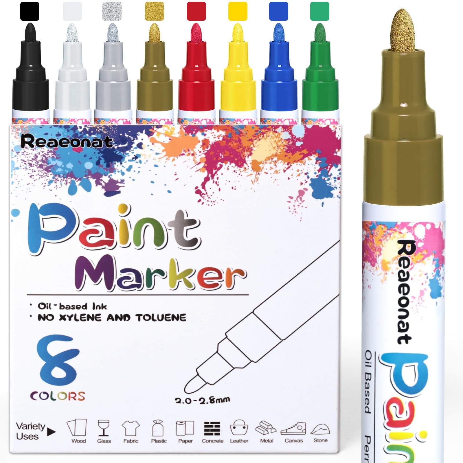 Permanent Paint Pens, 8 Coloured Oil-Based Marker Ink Pen Set for Rocks Painting, Wood, Fabric, Plastic, Mugs, DIY Craft