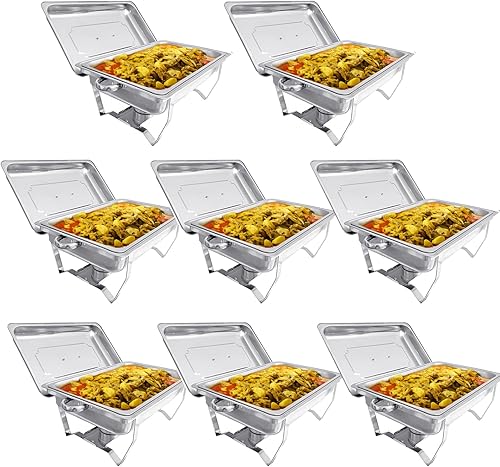 JSTUOKE Juego de 8 platos de bufé de roce de acero inoxidable de 8 cuartos de galón rectangulares y calentadores de buffet para catering, con