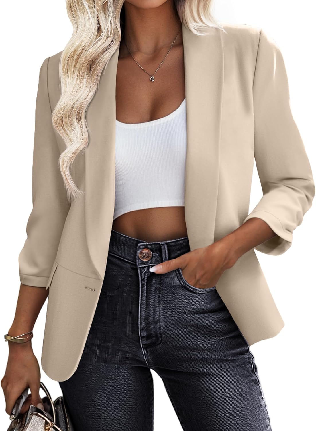 Riyiper Women’s 3/4 Sleeve Blazer Open Front Blazer Jackets Casual Outfits Work Office Suit with Pockets