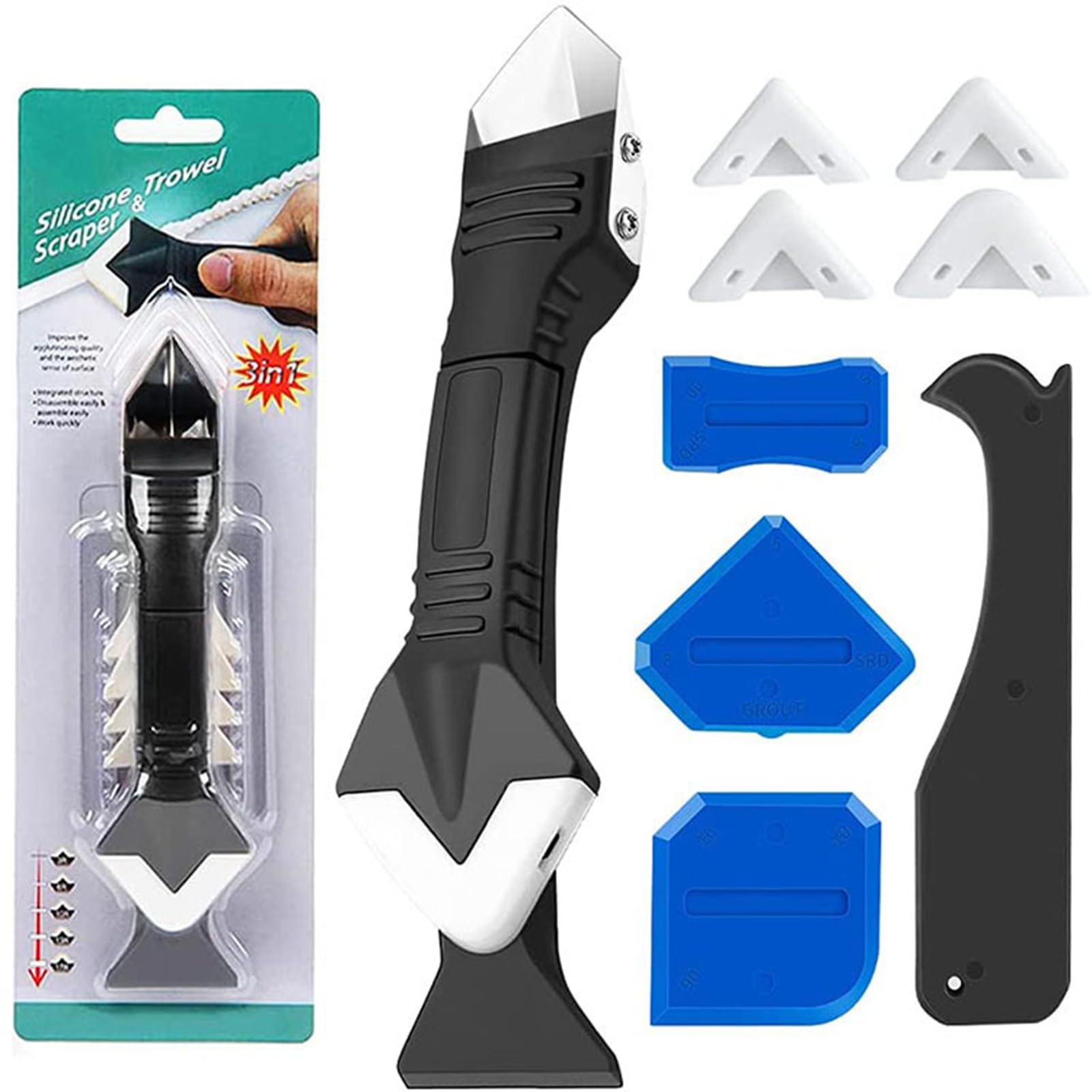 3 in 1 Silicone Caulking Tool Kit-Caulk Remover Tool with 4 Angle Scrapers,Grout Removal Tool,Caulking Finger,Glass Adhesive Angle Scraper for Bathroom Flooring,Kitchen,Window,Sink Joint,Frames Seal