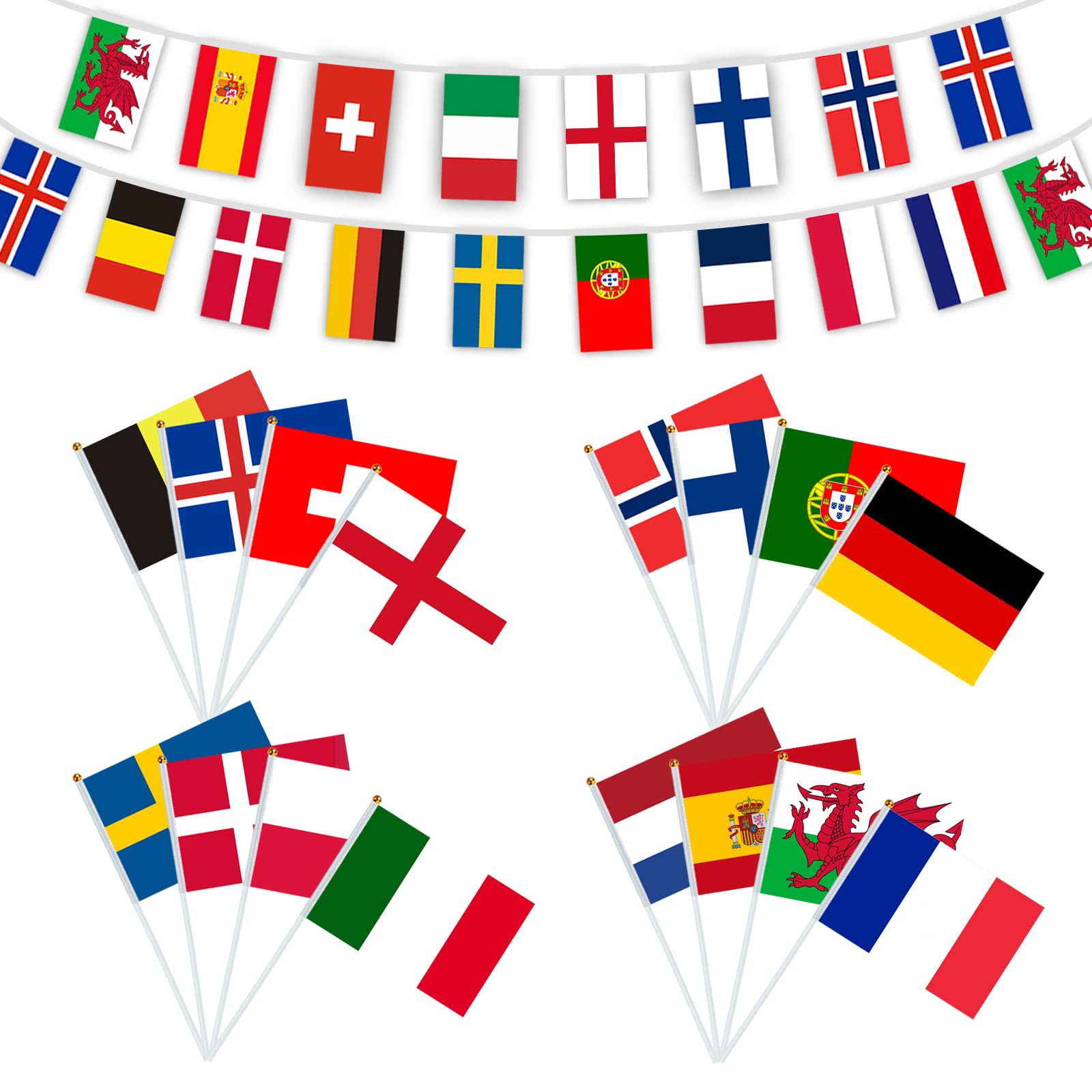 AhfuLife 24 Länder Euro Flagge Klein für WM 2026, 24 Länder Doppelseitige Stoff Handgehaltene Flaggen, Europa Fähnchen für Fußball WM Olympia Haus Bar Party Deko (EM 2025 Wimpelkette & Flagge Klein)