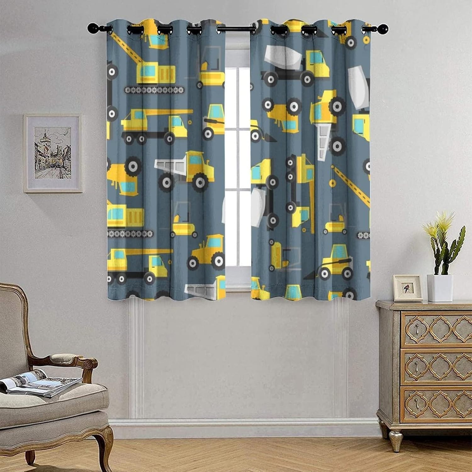 Cartoon Construction Truck Blackout Curtains, Window Treatment Set, 2 Panels 3D Printed Grommet Curtains for Room/Bedroom Heat Insulation Noise Reduction Drapes(42" Wx63 L)