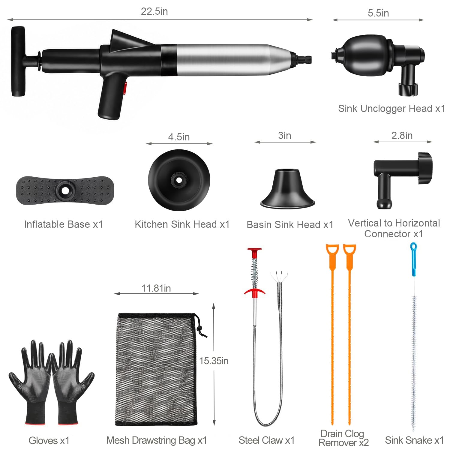 Desatascador de inodoro de alta presión rápida con barómetro, herramienta de desatasco y desatascador de drenaje de aire resistente para baño, inodoros, fregaderos, bañeras, tuberías, kit de