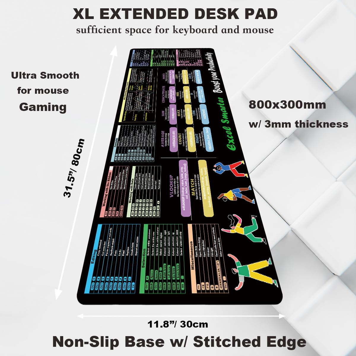 Excel Cheat Sheet Desk Pad: XL Extended Mouse Pad With Windows Keyboard Shortcuts – 31.5" X 11.8" Non-Slip Desk Mat For Productivity – Functional Office Decor & Accountant Gift