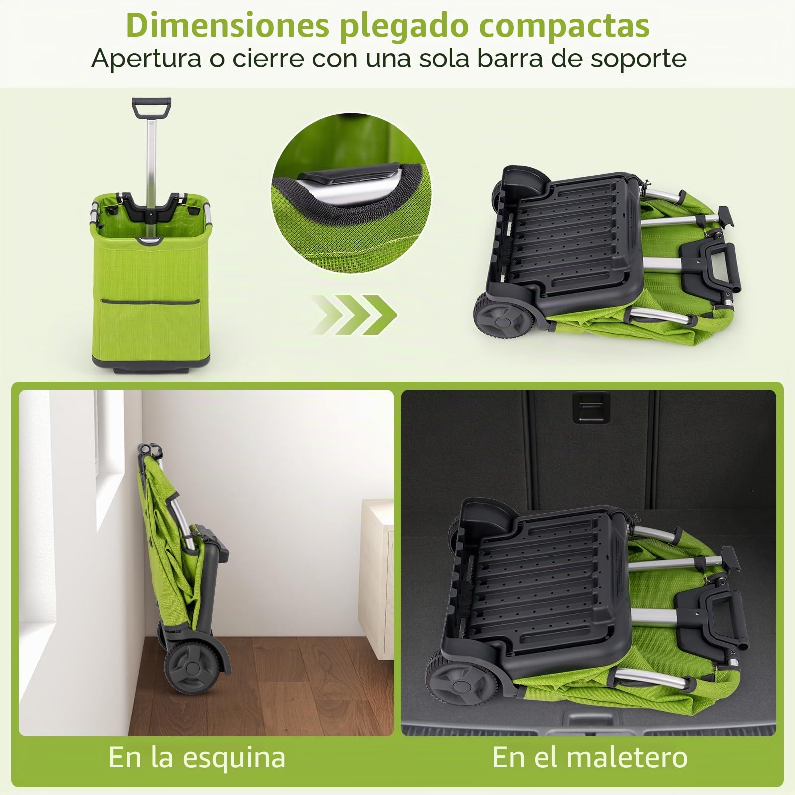 GOPLUS Carro de la Compra Plegable de 50 l, Carrito de la Compra Plegable con 2 Ruedas y 3 Bolsillos, Ligero Marco de Aluminio para Compras y Camping, Color Verde (Verde)
