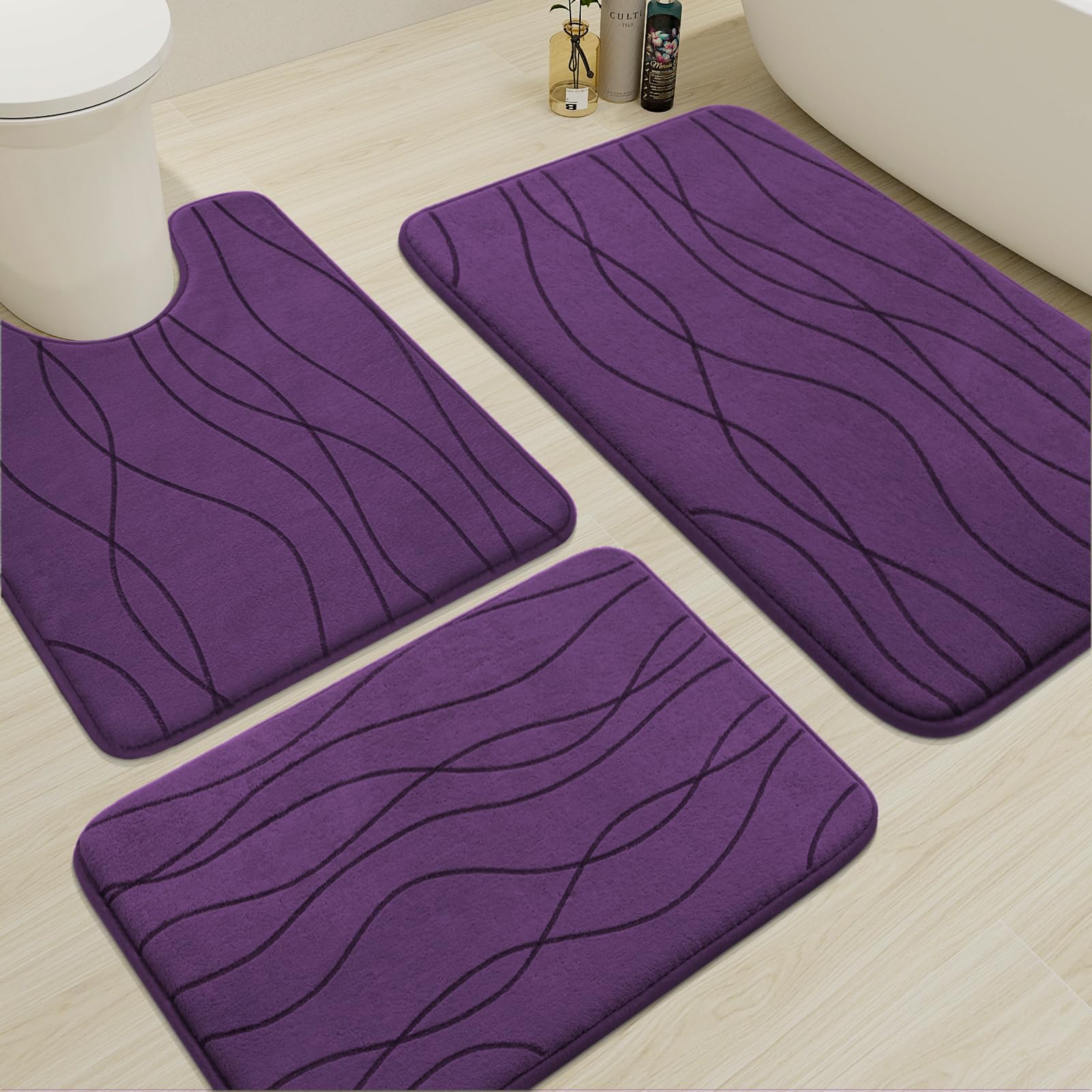 YIHOUSE Memory Foam Purple Bathroom Rug Sets 3 Piece, Ultra Absorbent Bath Mat for Bathroom - Non-Slip Machine Washable & Dry Quickly, 3 Piece