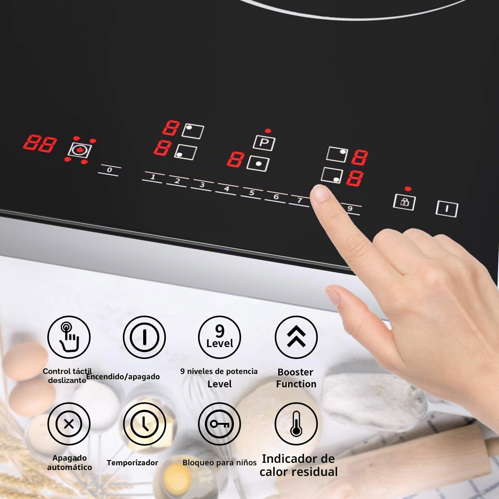 Placa de inducción, placa de cocción de inducción eléctrica (8600 W, Autarkic, 5 fuegos, 90 cm, empotrada, táctil, temporizador, cristal cerámica)
