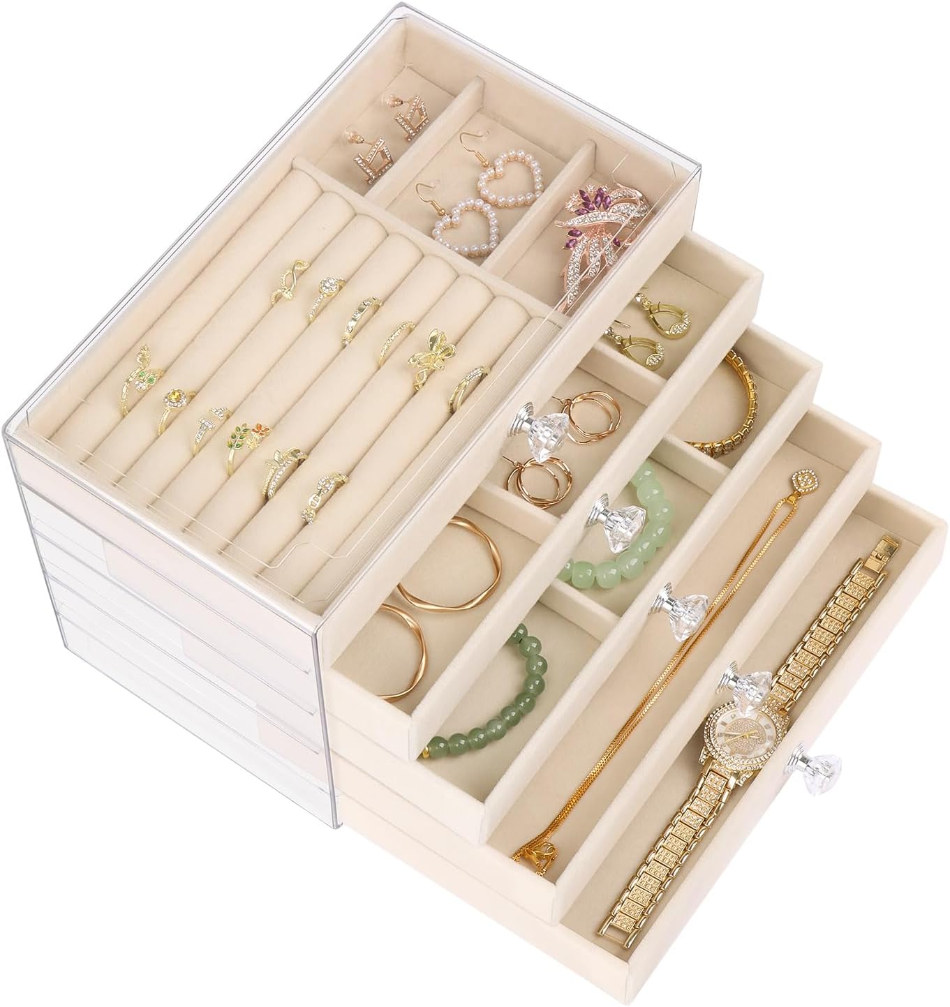 Hyber&Cara Luxury Acrylic Jewelry Box Organizer - 5 Drawers Velvet Lined Clear Stackable Storage for Earrings Necklaces Rings Bracelets Elegant Beige Dresser Top Vanity Display